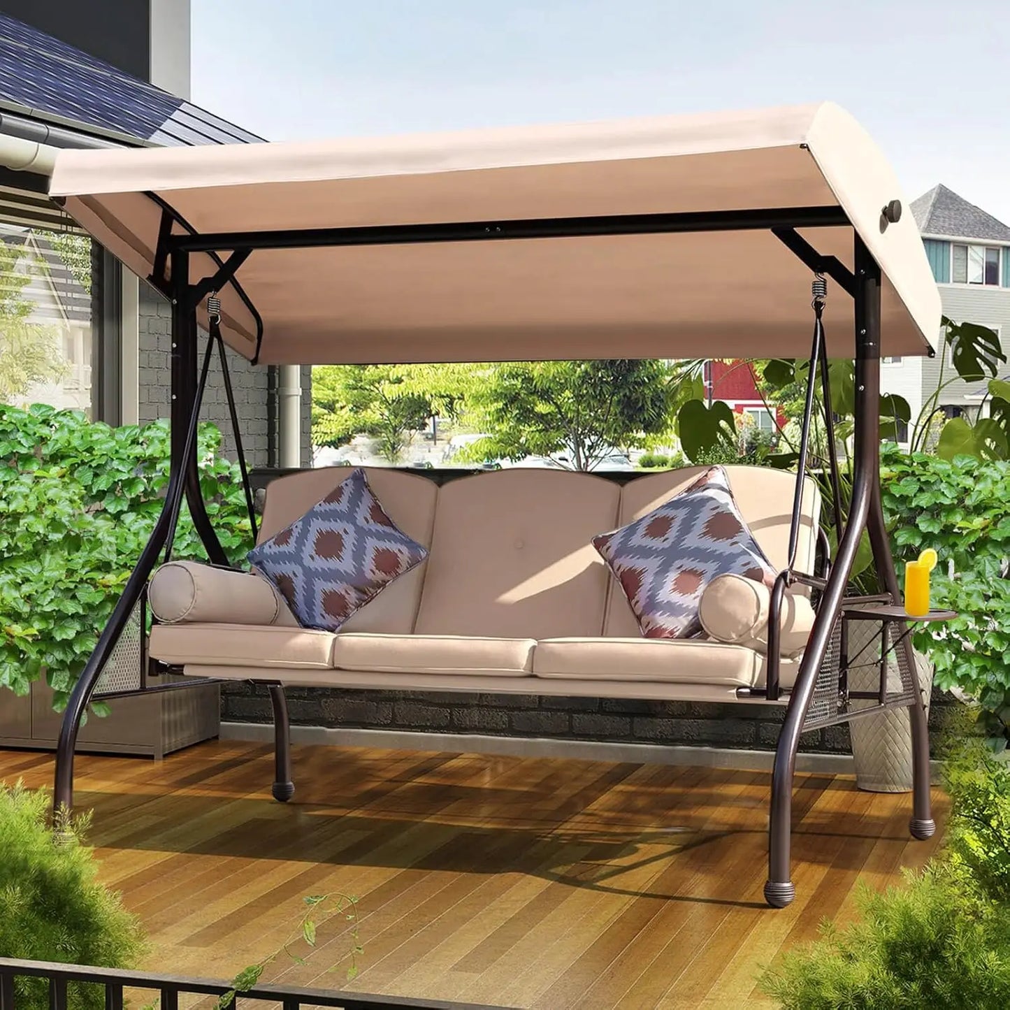 General Three Seat Patio Swing With Adjustable Canopy Waterproof Cushions