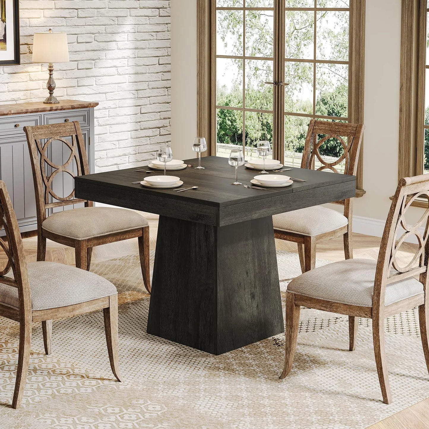 Tribesigns Square Dining Table for Four with Pedestal Base Farmhouse