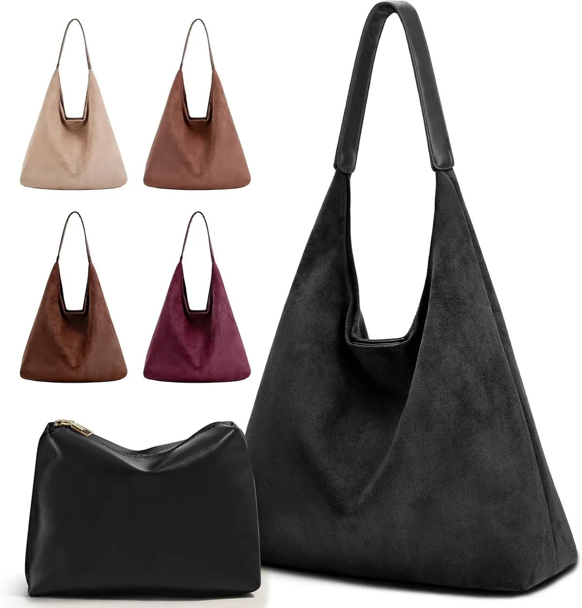 Vintage Faux Suede Tote Bag With Zippered Cosmetic Organizer