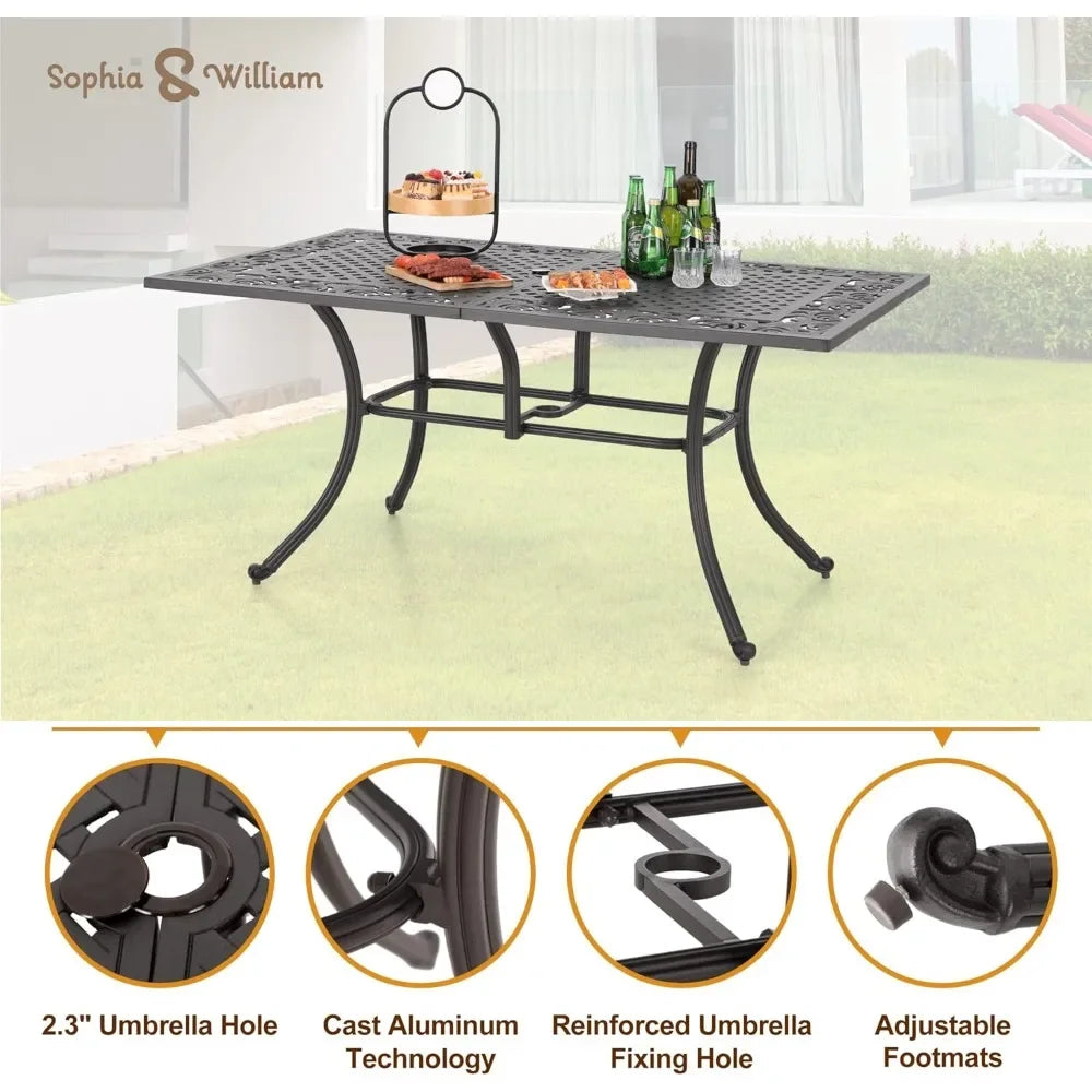Rectangular Cast Aluminum Outdoor Dining Table For Six With Umbrella Hole