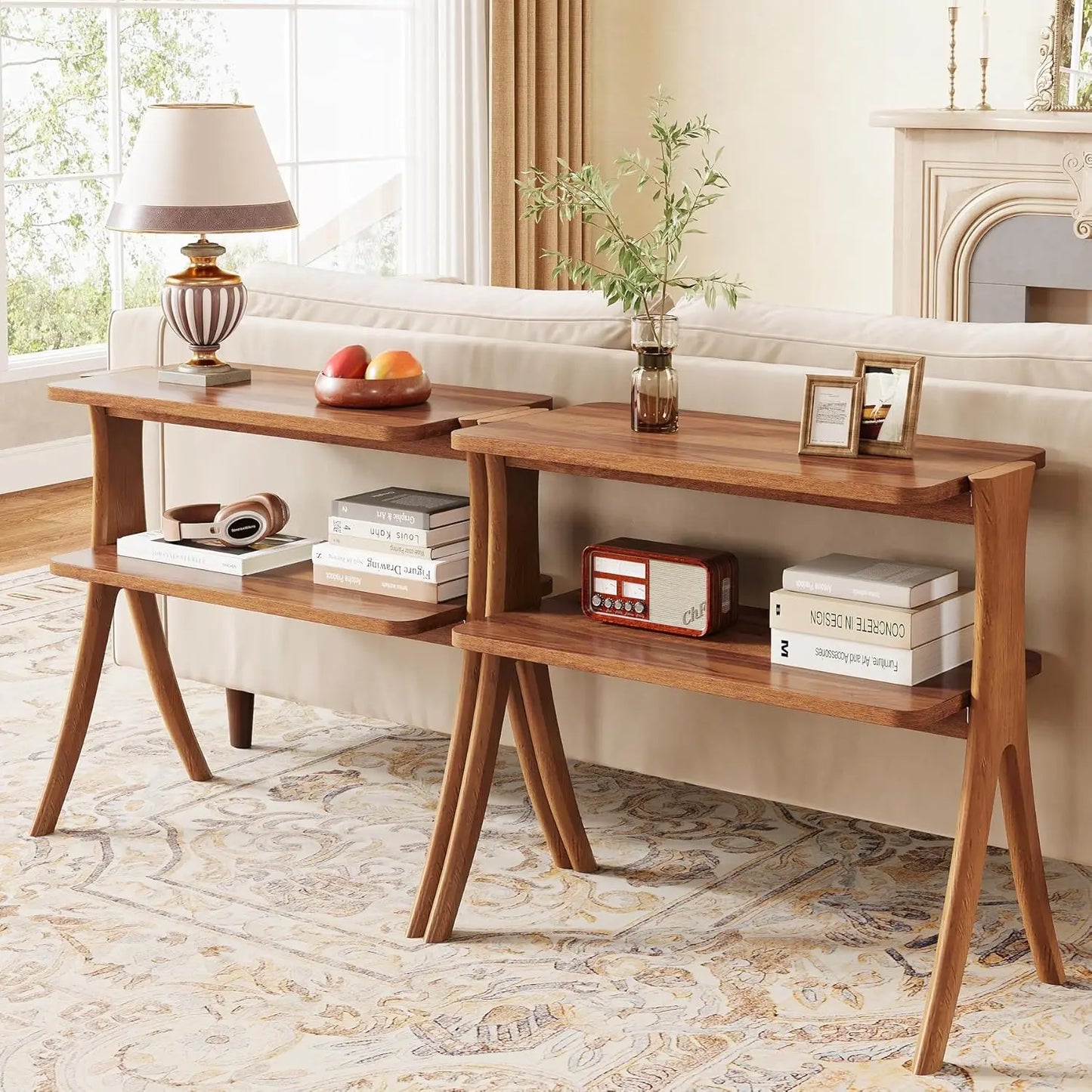 Little Tree Farmhouse Side Table With 2-Tier Storage