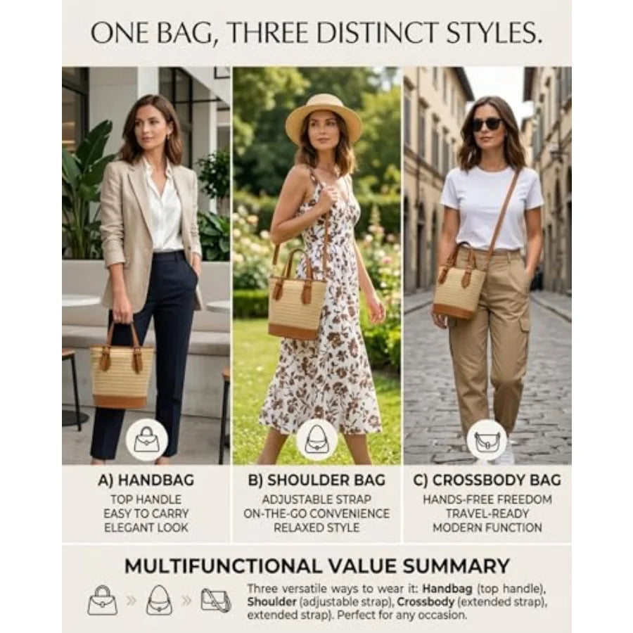 Summer Handbags for Women 2026 Straw Bucket Bag Crossbody Beach Purse with Top-Handle