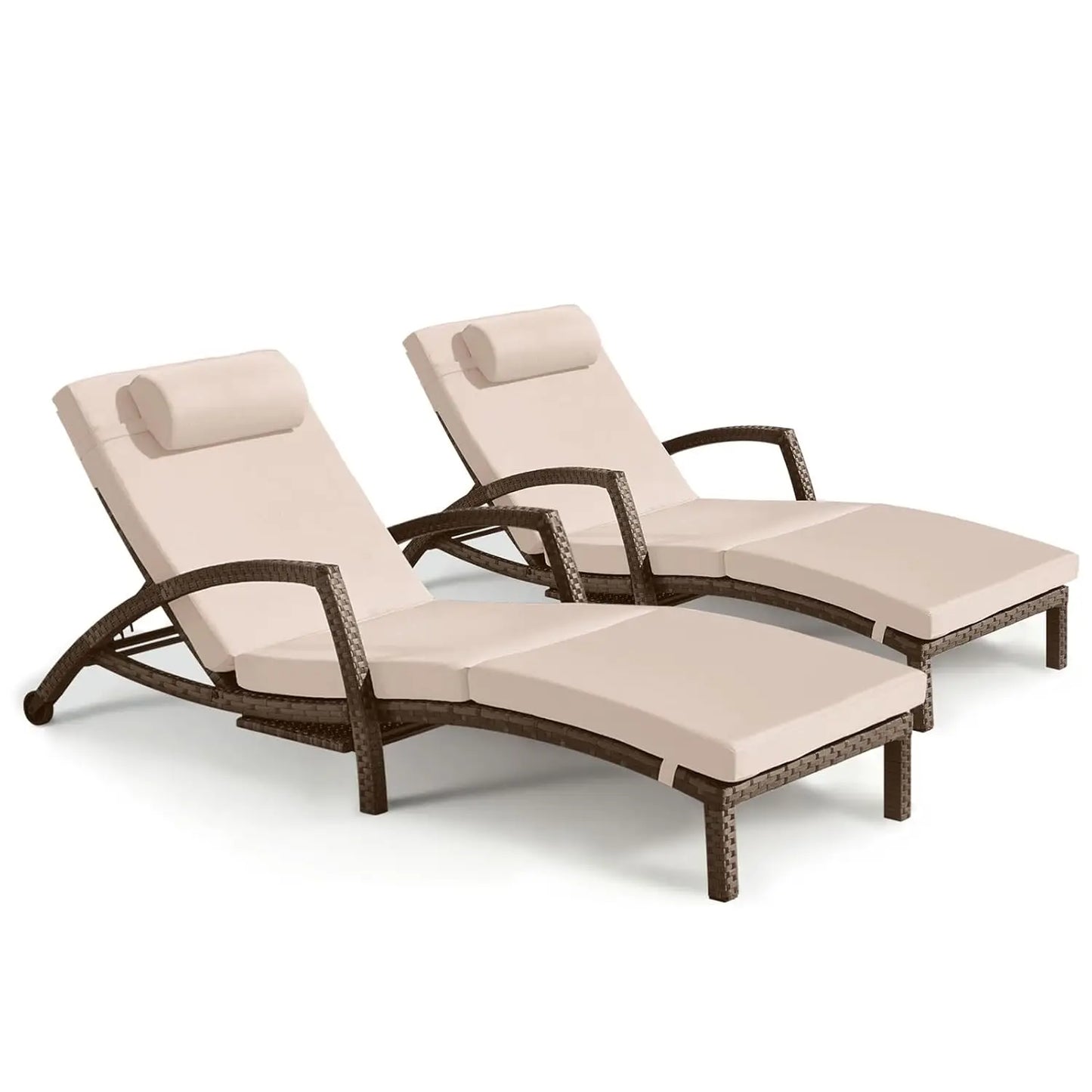 Chaise Lounge Chairs Outdoor Set of 2, Comfy Outside Wicker Patio Pool Lounge Chair w/ 5 Adjustable Back Angle, Cup, Customized