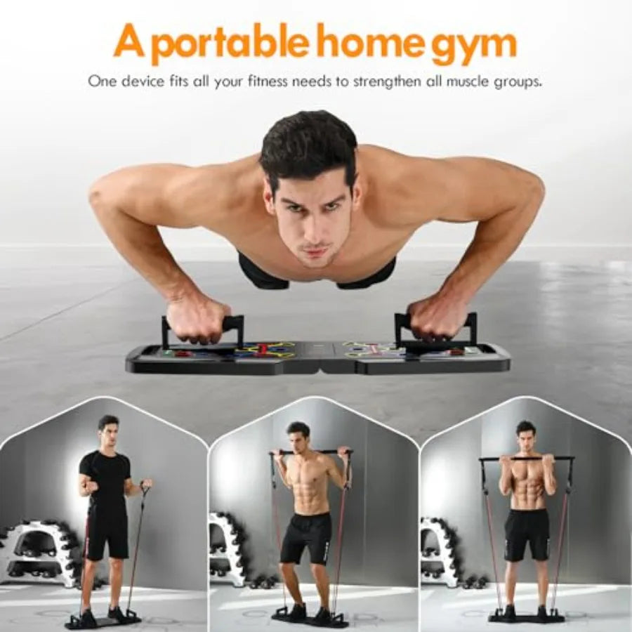 Push Up Board, Home Gym, Portable Exercise Equipment, Pilates Bar and 20 Fitness Accessories with Resistance Bands and Ab Rolle