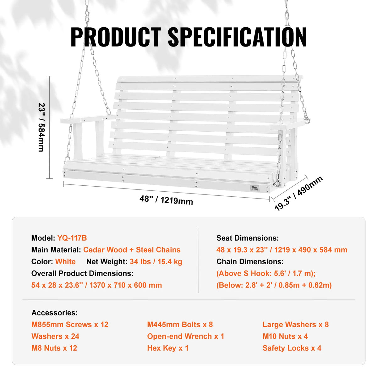 SucceBuy Cedar Wood Outdoor Porch Swing With Durable Steel Chains