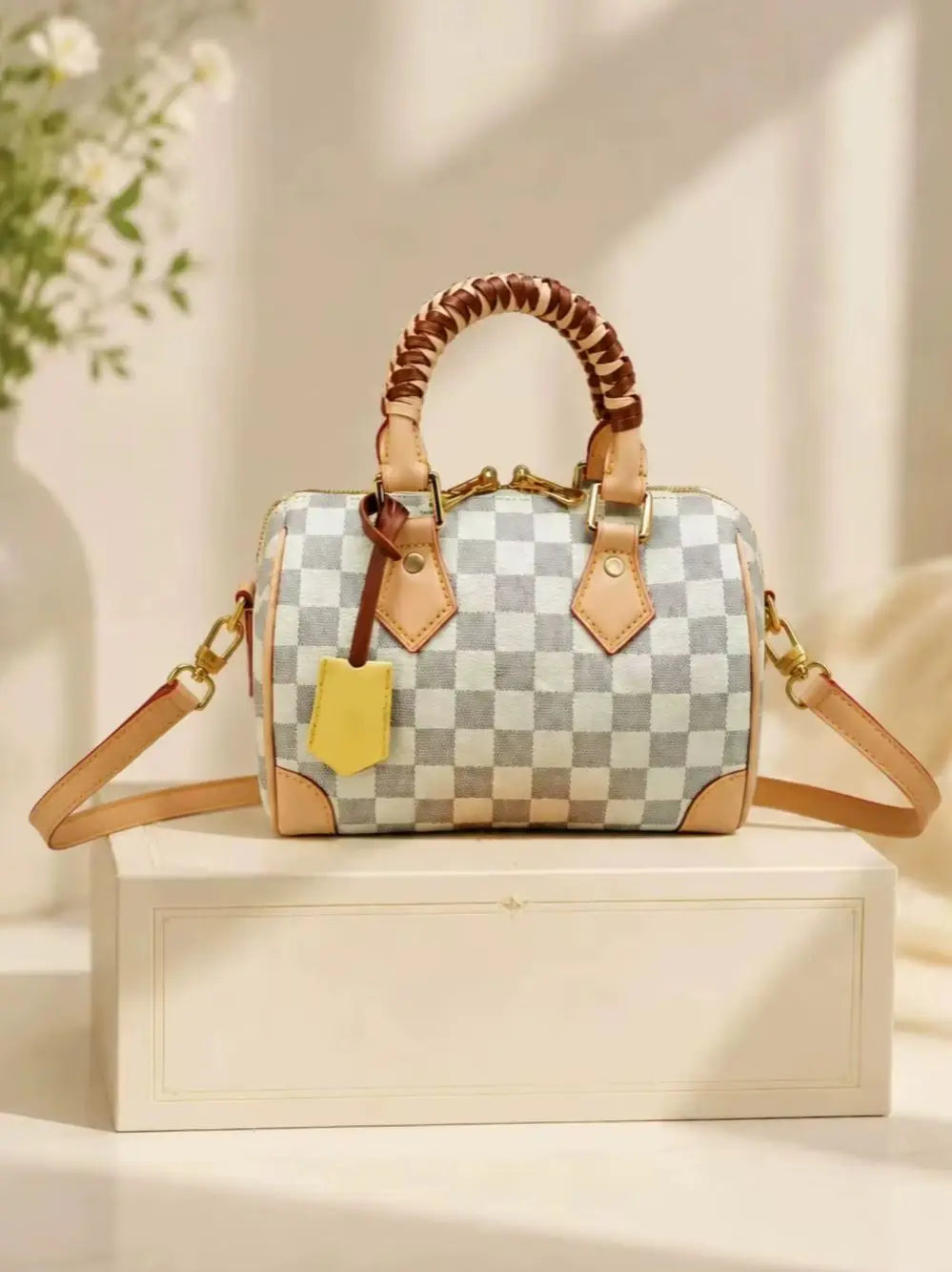 2026 Fashion New Luxury Women's Bag 20.5X13.5X12CM Speed White Checkerboard Handbag with Shoulder Strap No Box