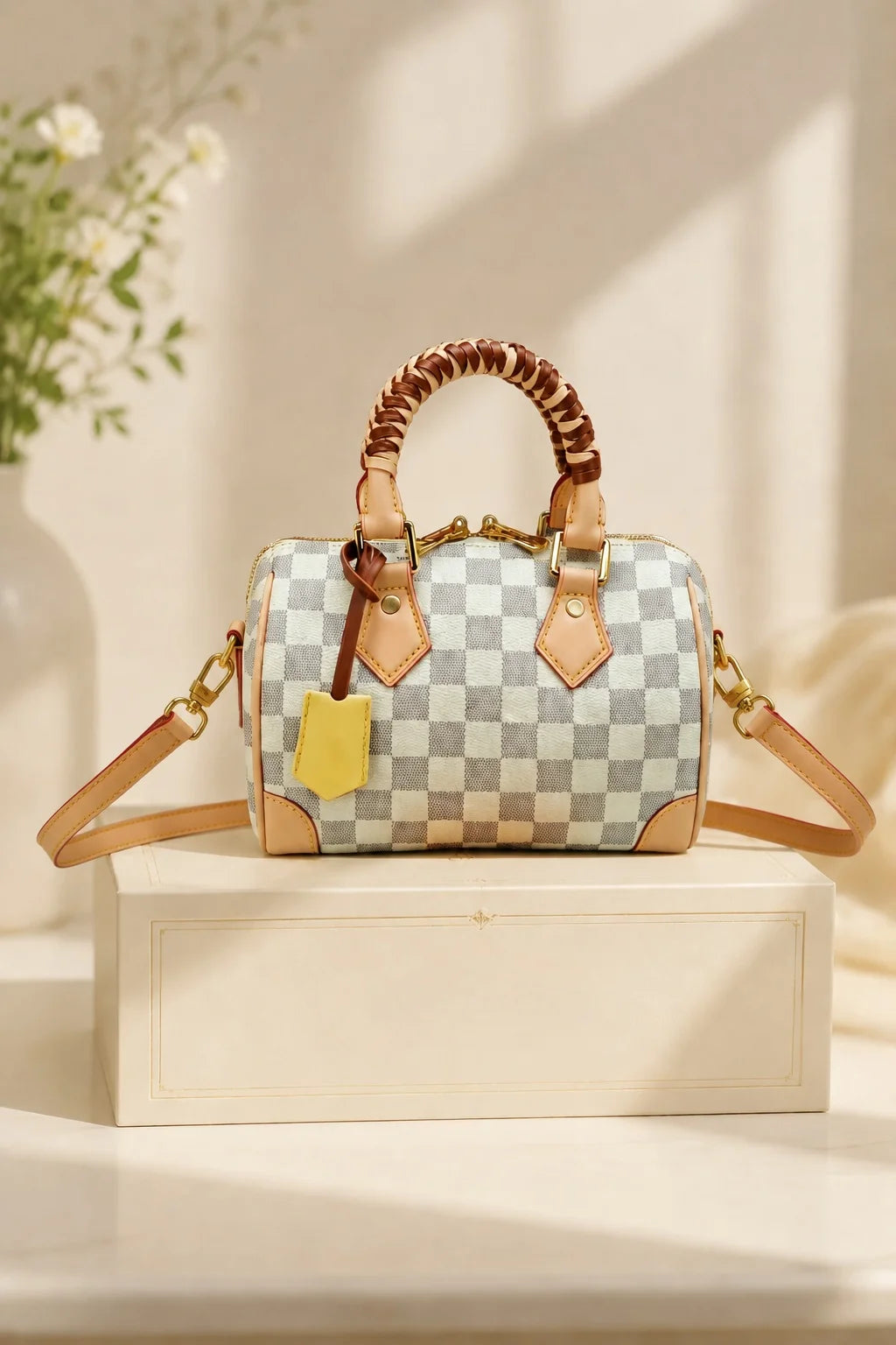 2026 Fashion New Luxury Women's Bag 20.5X13.5X12CM Speed White Checkerboard Handbag with Shoulder Strap No Box