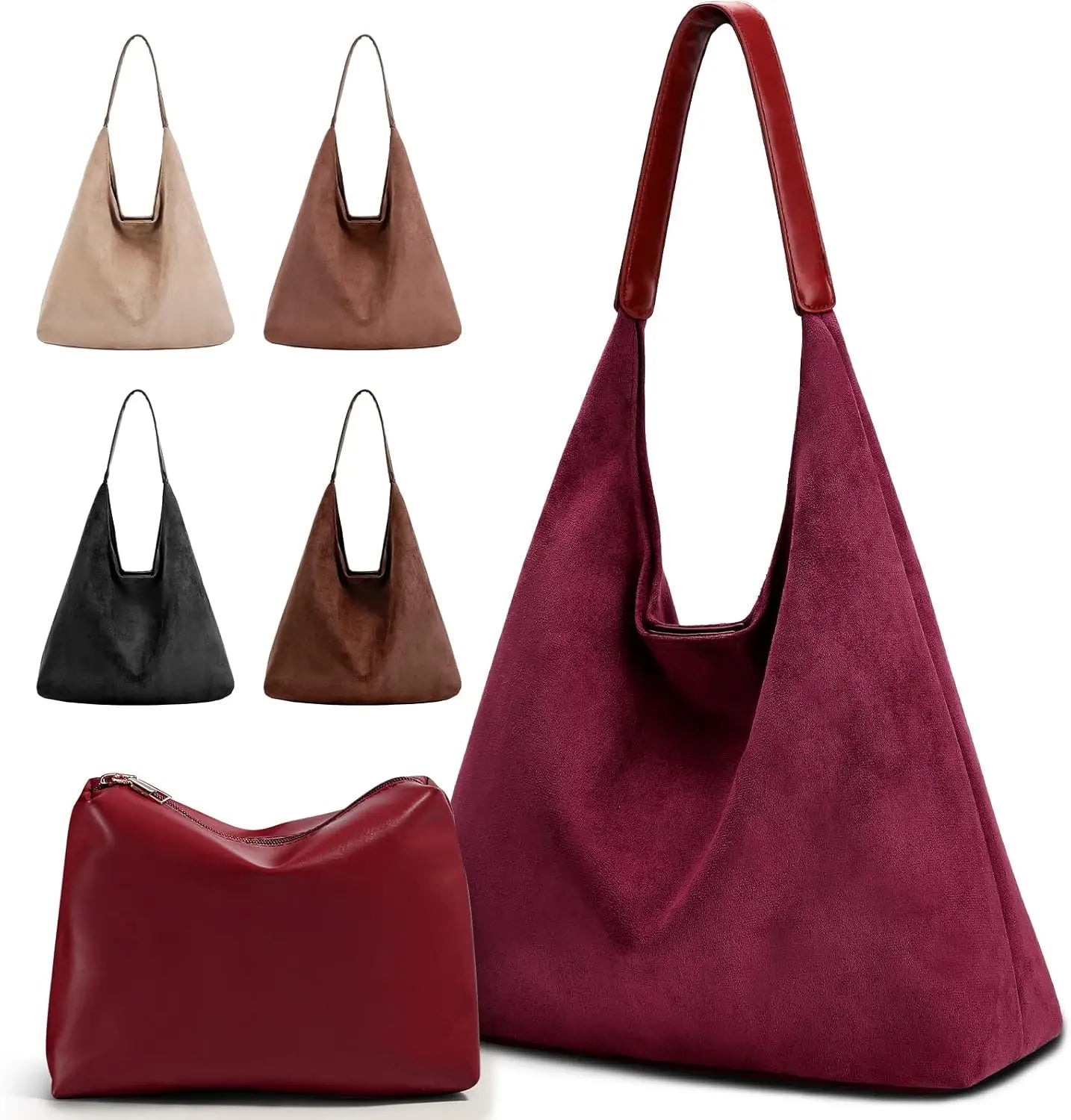 Faux Suede Tote Bag For Women With Zippered Cosmetic Organizer