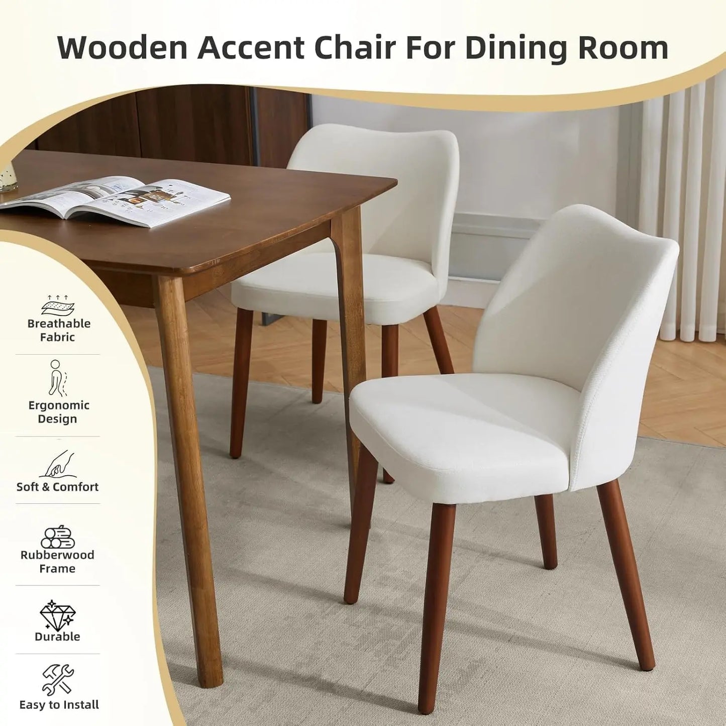 HobbyLane Mid Century Dining Chairs Linen Upholstered Set of 2