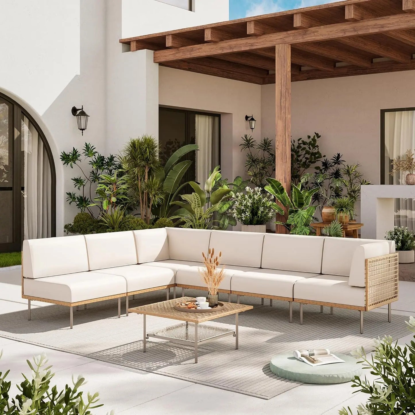 Outdoor 7 Piece Wicker Patio Conversation Set With PE Rattan
