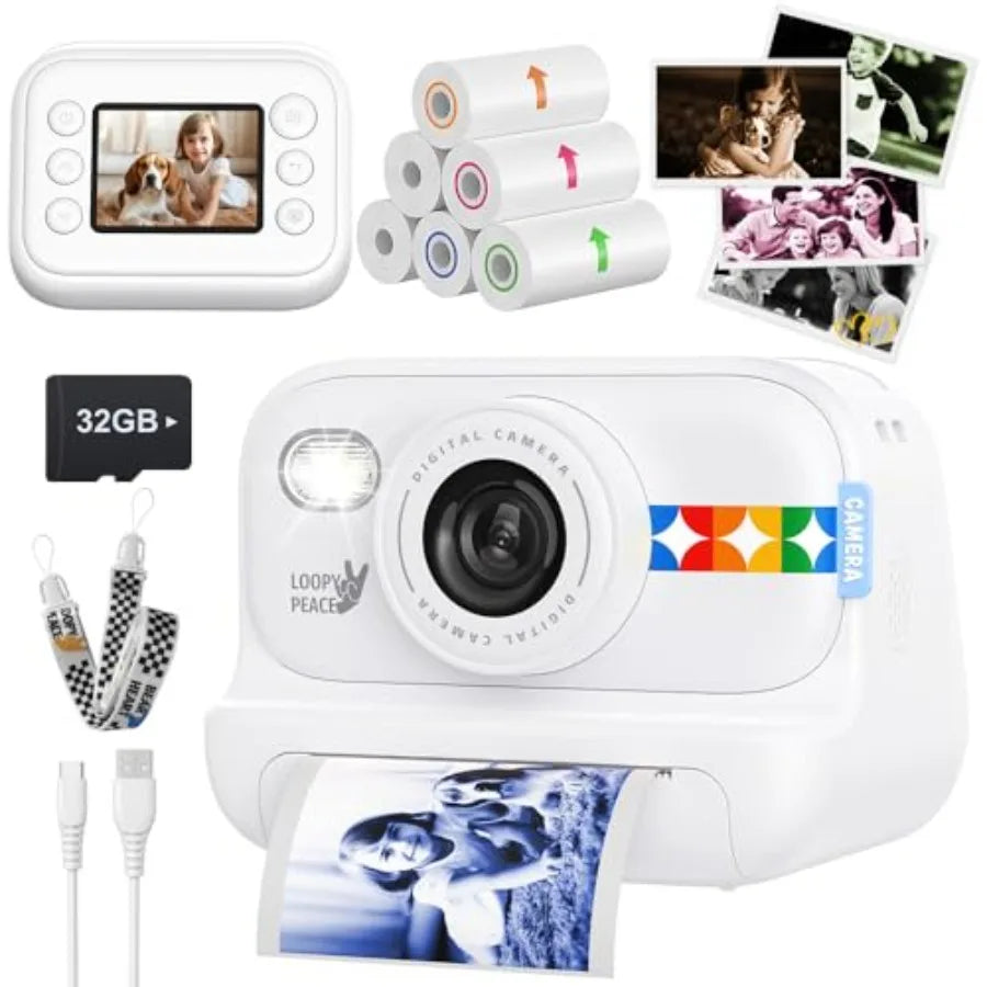 Color Instant Print Camera Camera with 5 Color Photo Paper 48MP and 1080P Video 21 Fun Frames 32G Card Christmas/Birthday Gifts