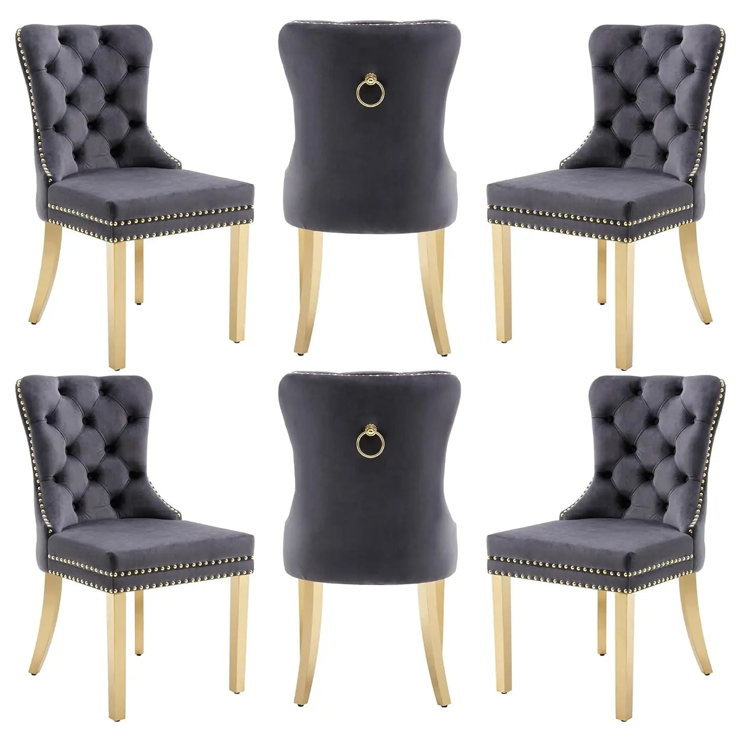 PU Leather Dining Chairs Set of 6 With Solid Wood Legs and Pull Ring