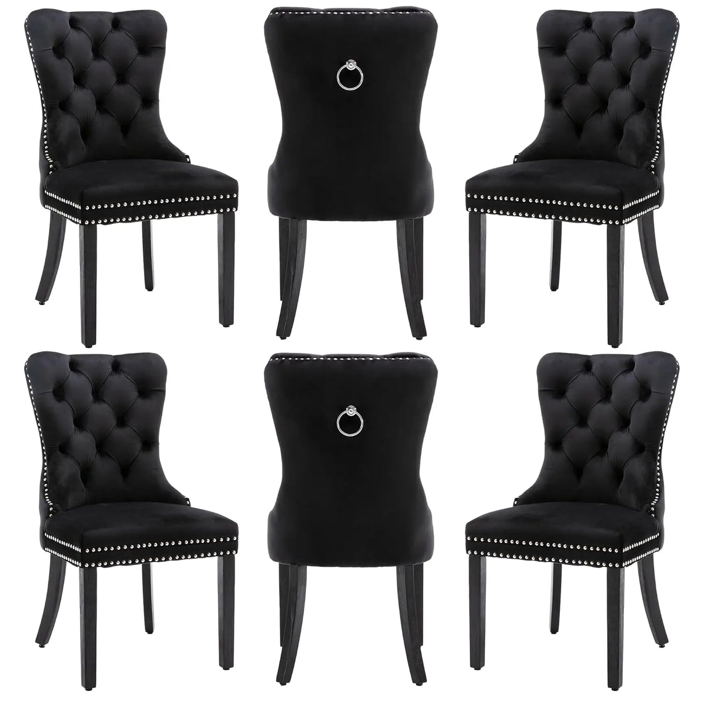 PU Leather Dining Chairs Set of 6 With Solid Wood Legs and Pull Ring