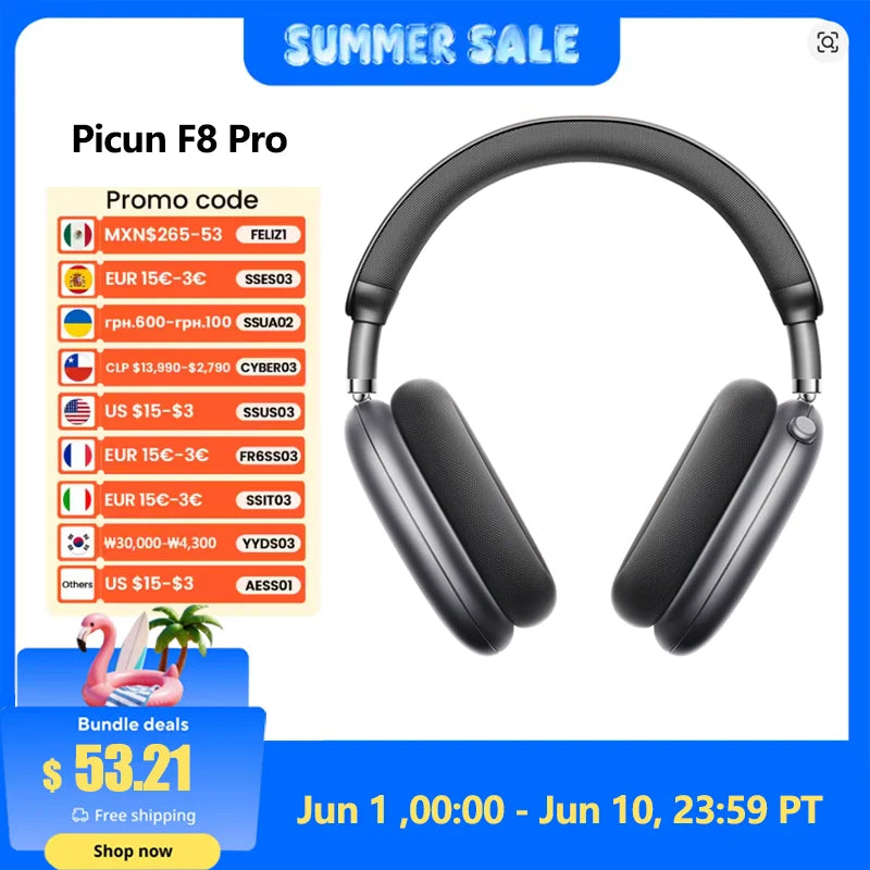 Picun F8 Pro ANC Wireless Headphones 3D Spatial Audio Head Tracking -52dB ANC HIFI Bluetooth Headset ENC HD Mic Low-Latency APP