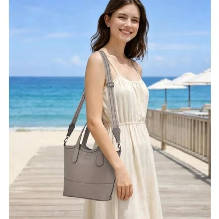 Tote Bag for Women, StrawandVegan Leather Bucket Bags Crossbody Top Handle Purses And Handbags For Work Travel Beach