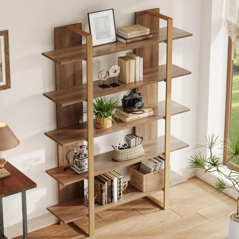 Five Tier Modern Boho Bookcase With Metal Frame Living Room