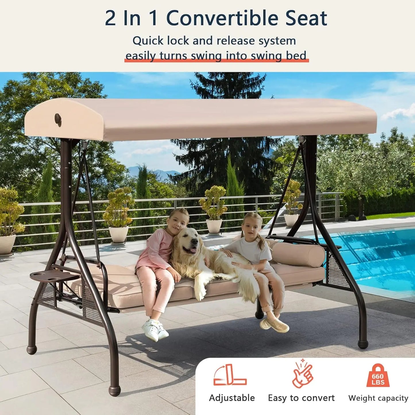 General Three Seat Patio Swing With Adjustable Canopy Waterproof Cushions