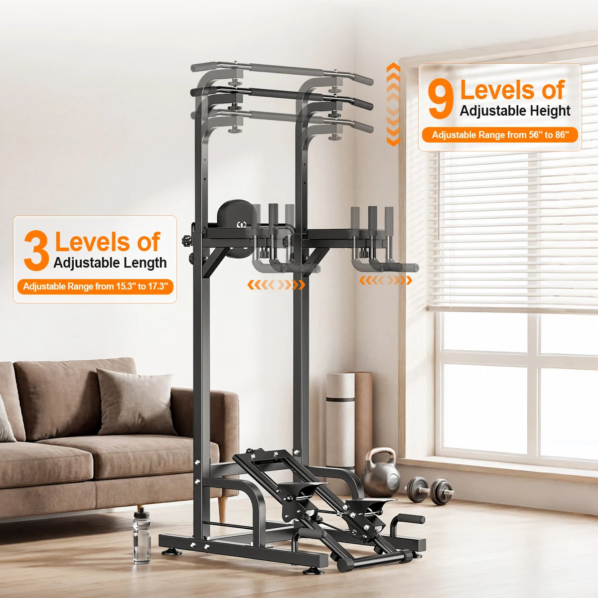 RELIFE Multifunctional Power Tower Pull Up Dip Station Free Standing Pull Up Bar with Stepper Machine, Adjustable Height Workout Rack 450LBS Load Home Gym Full Body Strength Training Fitness Equipment for Pull Ups Chin Ups Di