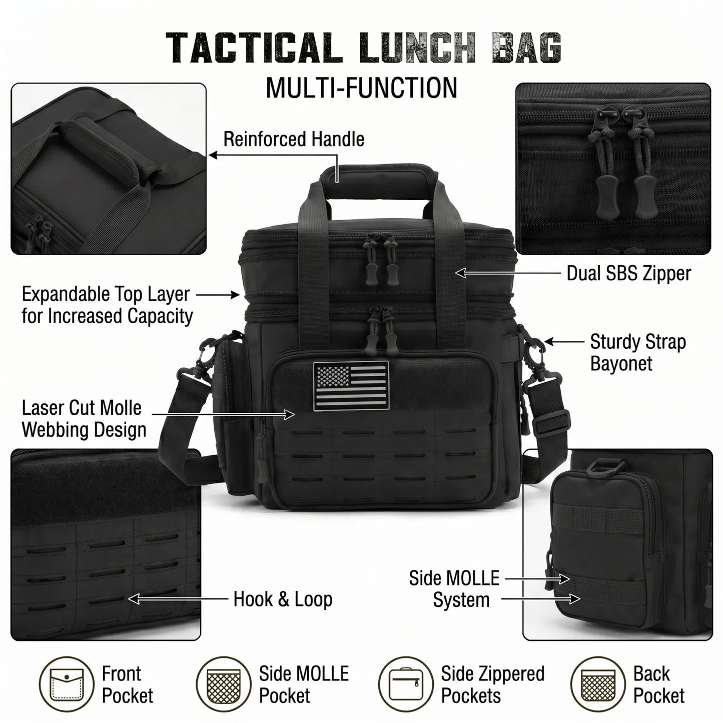 18L Insulated Lunch Bag Tactical Cooler Box for Men Women Expandable Leakproof Thermal Lunch Box Work Office Adults Reusable Large Capacity Meal Prep Bag Heavy Duty Camping Picnic Outdoor Travel School Commuter Construction W