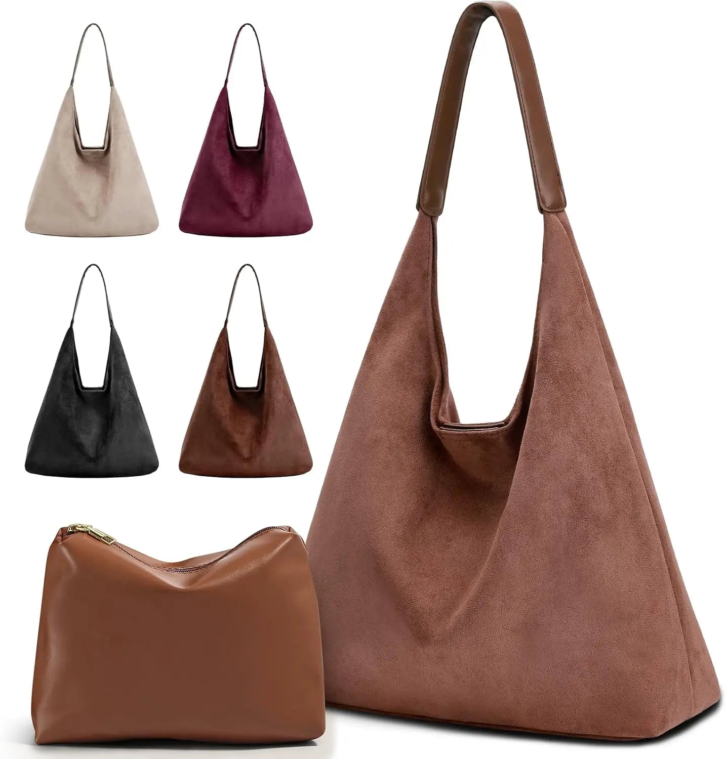 Faux Suede Tote Bag For Women With Zippered Cosmetic Organizer