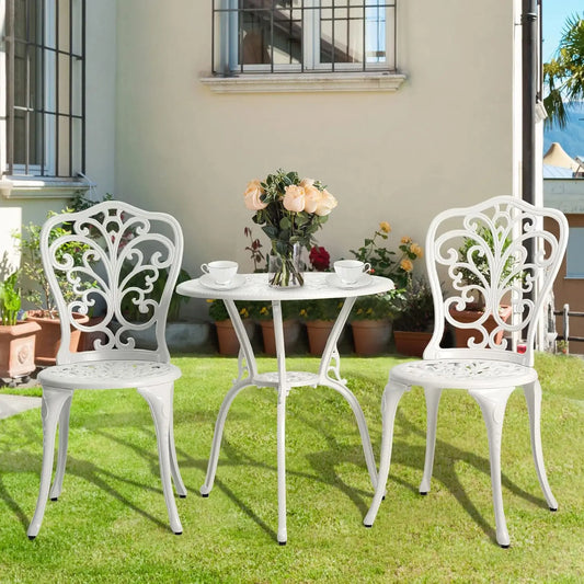 3pc Cast Aluminum Bistro Set, Rose Pattern Outdoor Garden Balcony, Rust & All-Weather Resistant, White, Customized