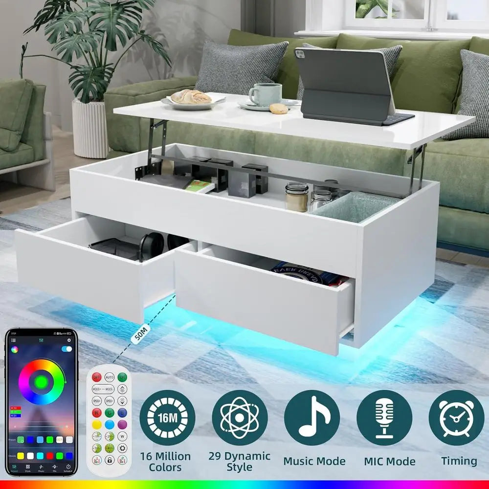 Modern LED Coffee Table With Lit Top And Hidden Storage