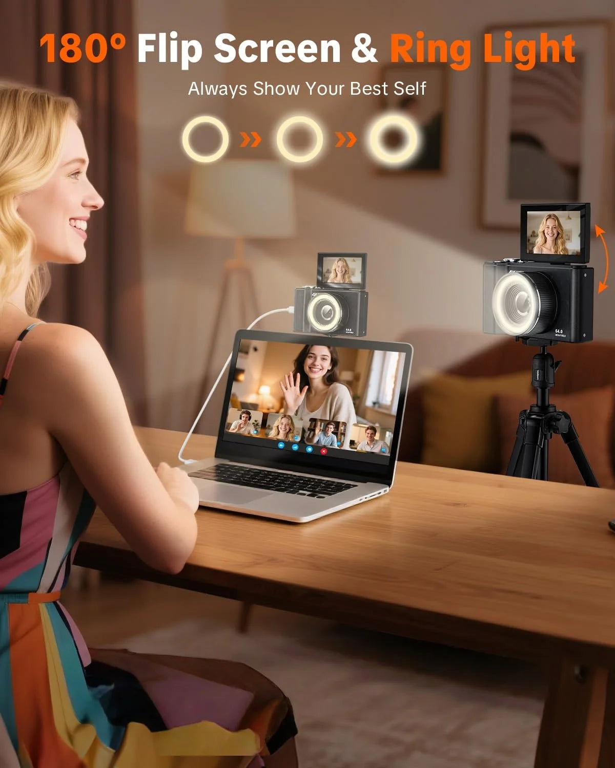 4K Digital Camera for Photography,4k Camera with Ring Light，180° Flip Screen Camera for Vlogging with Beauty Mode,Point and Shoot Digital Cameras for Beginner with SD Card，christmas gift