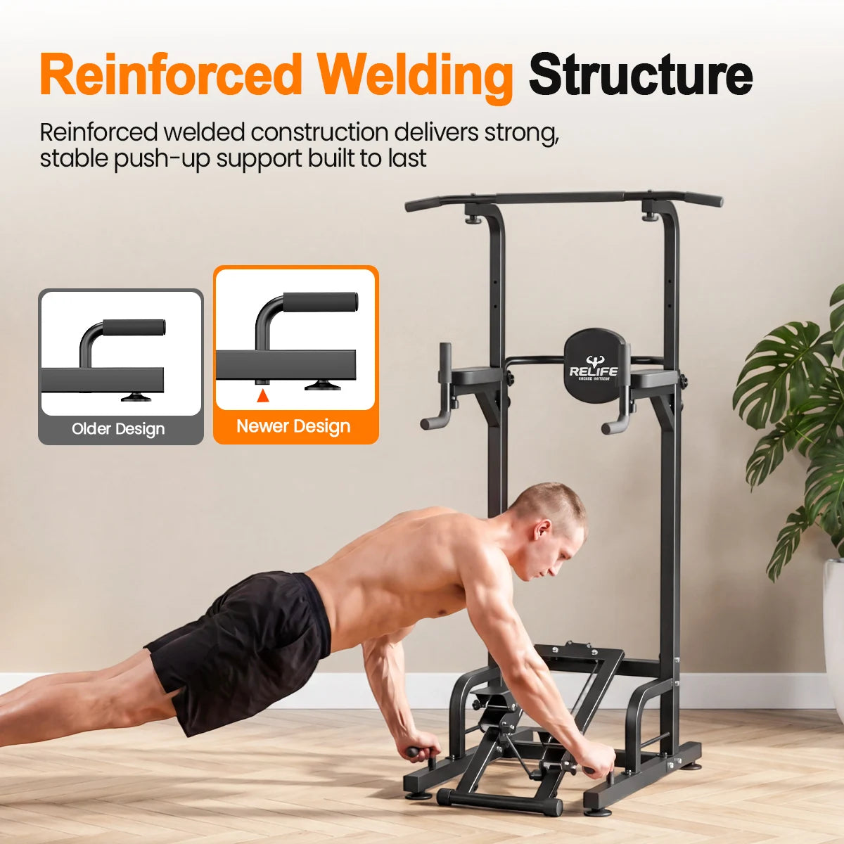 RELIFE Multifunctional Power Tower Pull Up Dip Station Free Standing Pull Up Bar with Stepper Machine, Adjustable Height Workout Rack 450LBS Load Home Gym Full Body Strength Training Fitness Equipment for Pull Ups Chin Ups Di