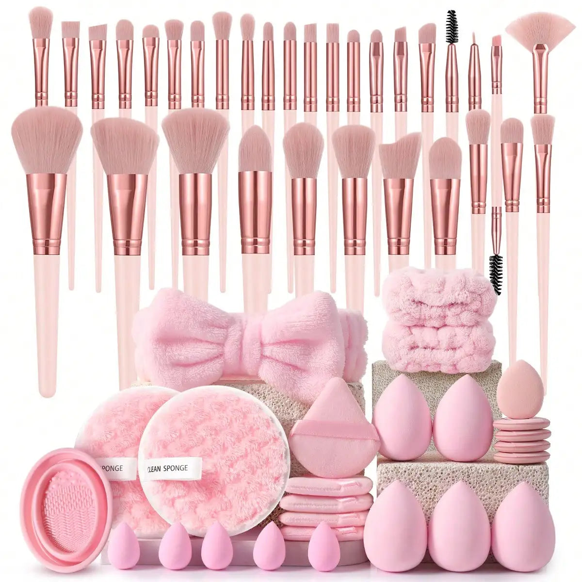 32 Makeup Brushes + 3 Waterproof Travel Toiletry Set + Practical Cleaning Bowl + 22PCS makeup Puffs