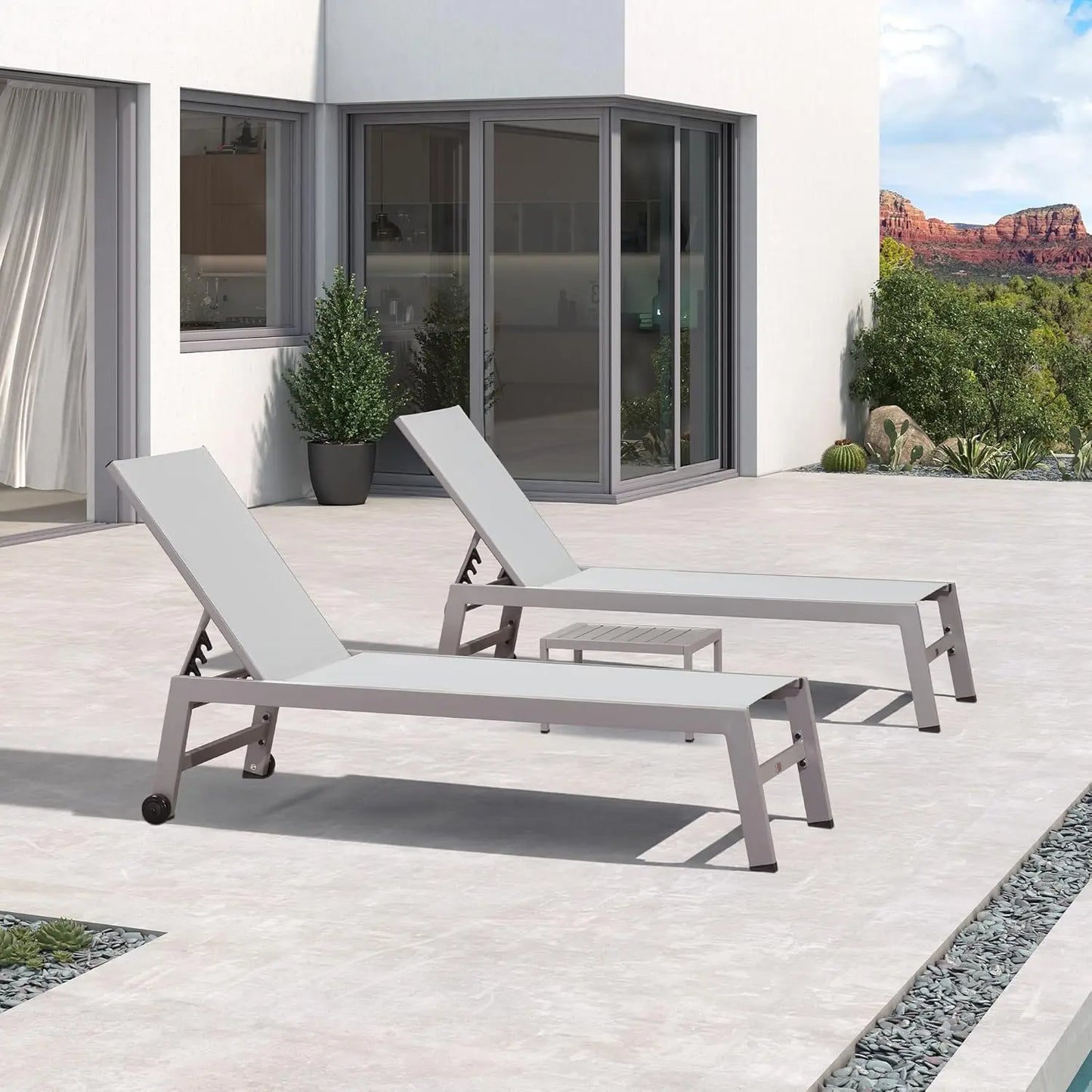 Aluminum Adjustable Reclining Outdoor Lounge Chair Set 2 PCS with Wheels Table Patio Poolside Beach Yard, Light Grey, Custom