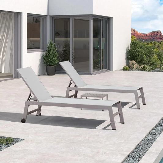 Aluminum Adjustable Reclining Outdoor Lounge Chair Set 2 PCS with Wheels Table Patio Poolside Beach Yard, Light Grey, Custom