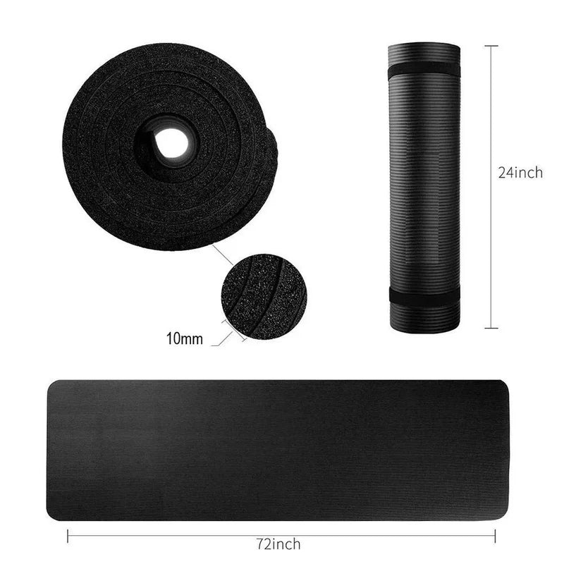 Extra Thick 10mm Exercise Yoga Mat Multipurpose Workout NBR 72 x 24 w/ Bag Strap