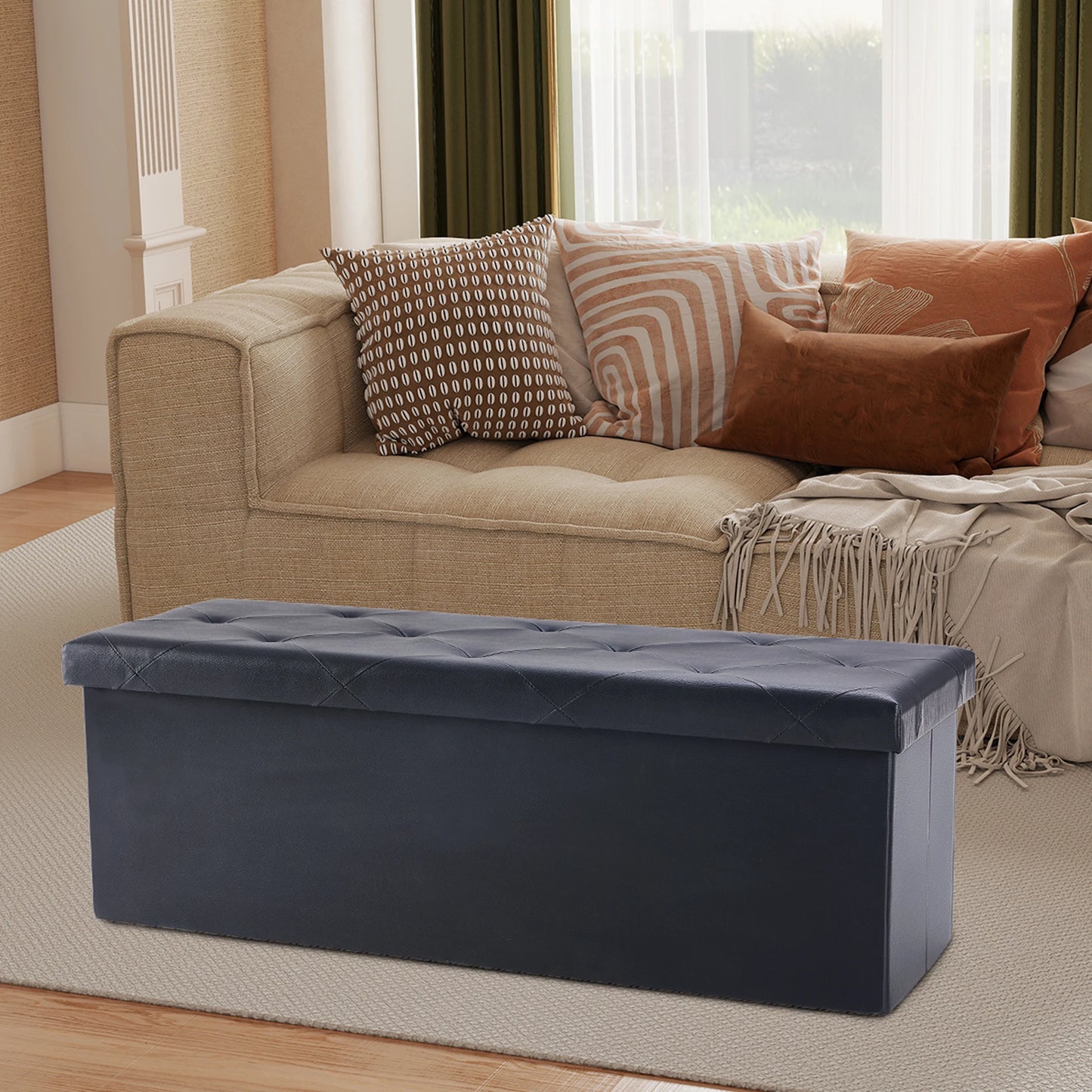 JHK Leather Folding Ottoman Toy Box Footstool Bench 660 Lb Capacity