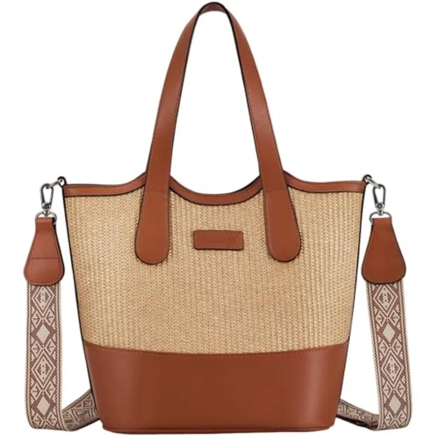 Tote Bag for Women, StrawandVegan Leather Bucket Bags Crossbody Top Handle Purses And Handbags For Work Travel Beach
