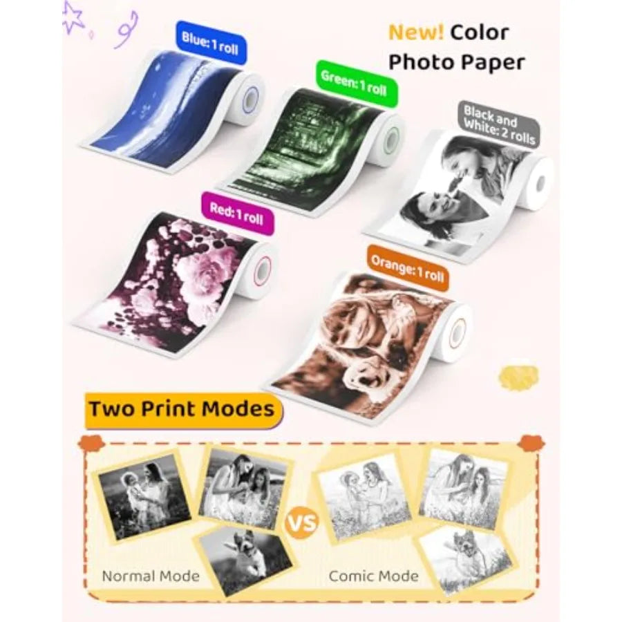 Color Instant Print Camera Camera with 5 Color Photo Paper 48MP and 1080P Video 21 Fun Frames 32G Card Christmas/Birthday Gifts