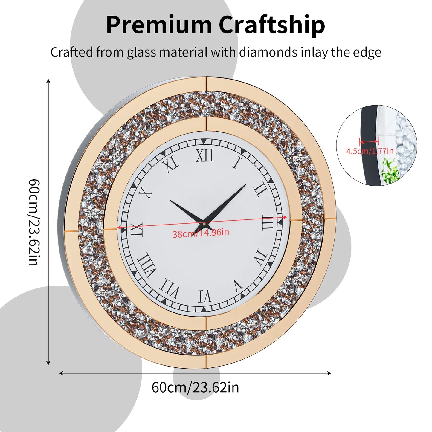 Crystal Sparkle Mirrored Wall Clock For Living Room