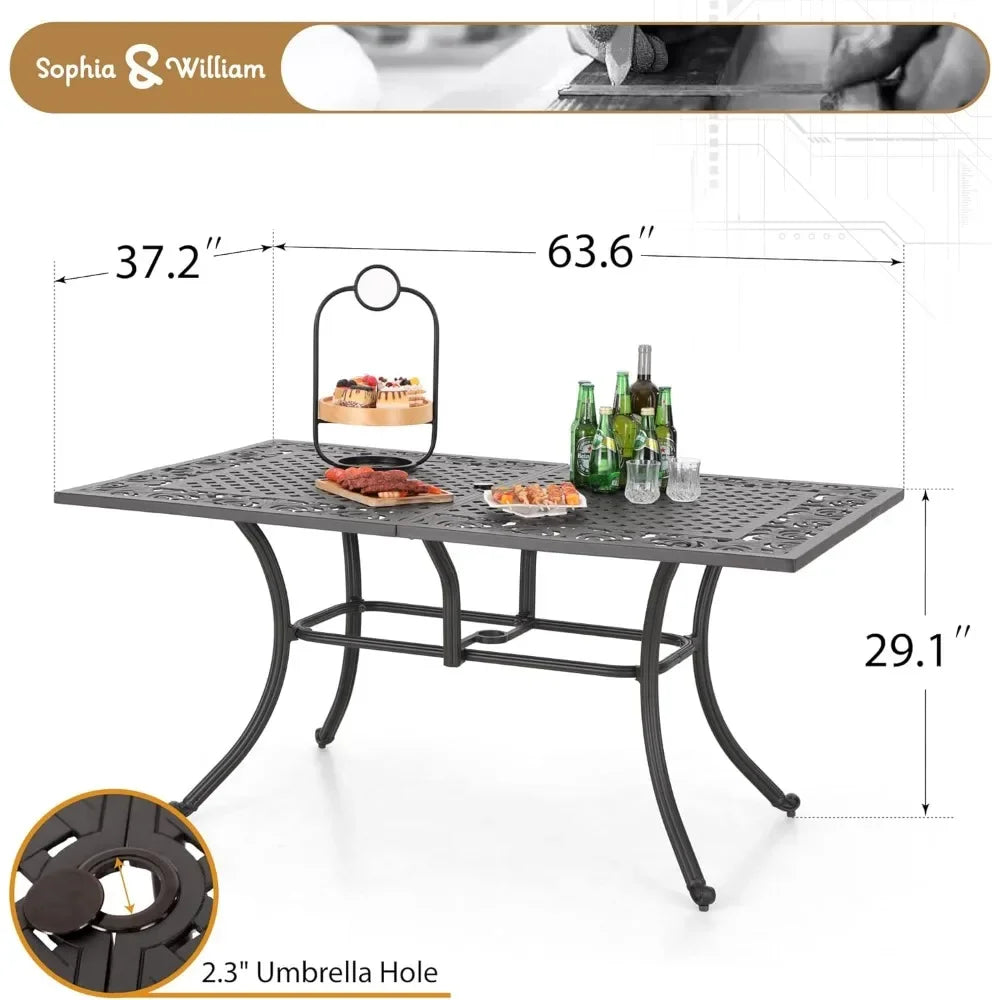 Rectangular Cast Aluminum Outdoor Dining Table For Six With Umbrella Hole