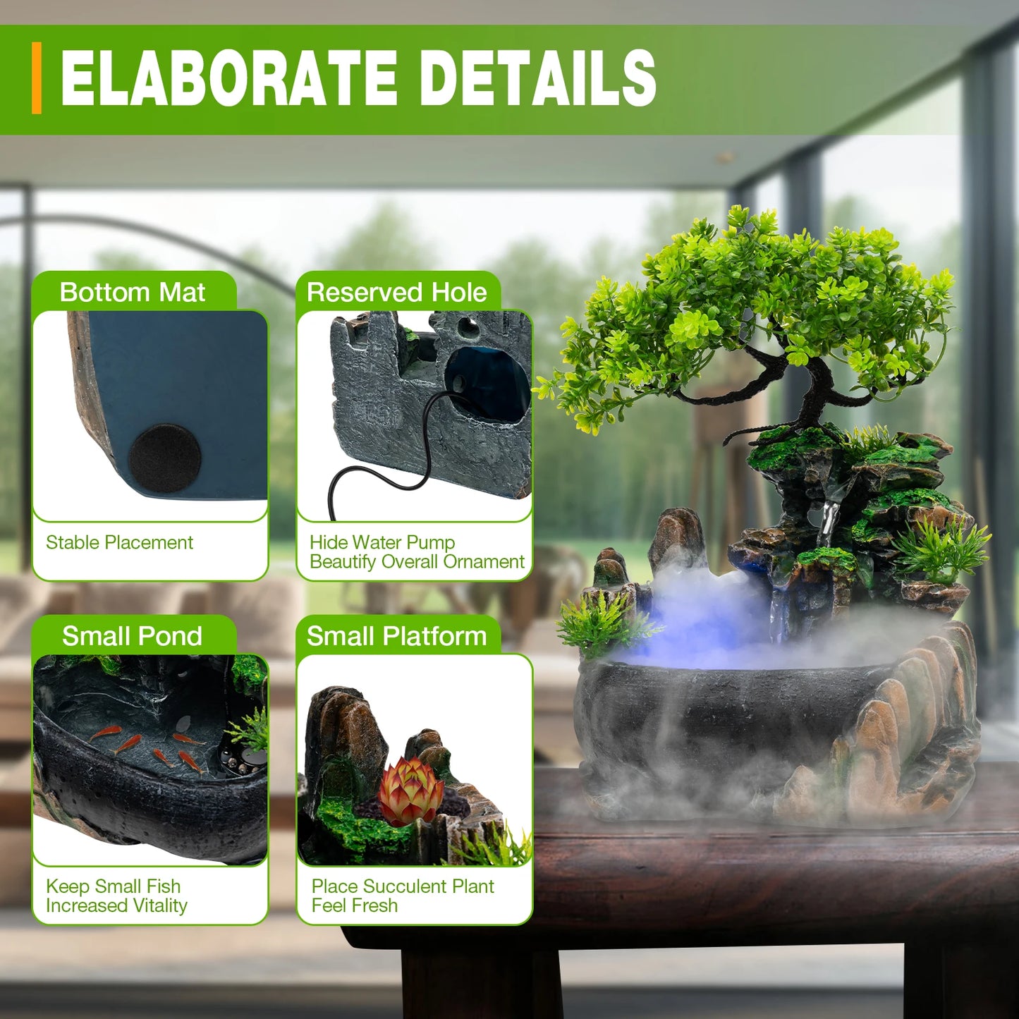 Indoor Tabletop Fountain With LED Lights And Atomizer