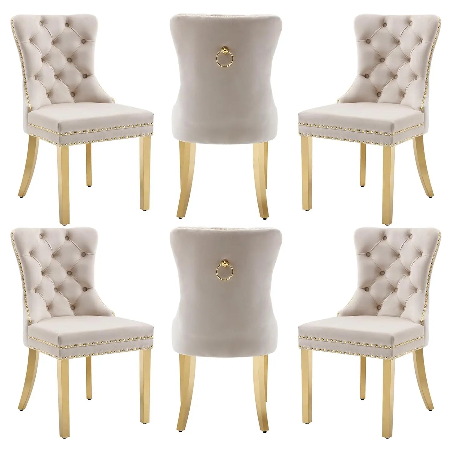 PU Leather Dining Chairs Set of 6 With Solid Wood Legs and Pull Ring