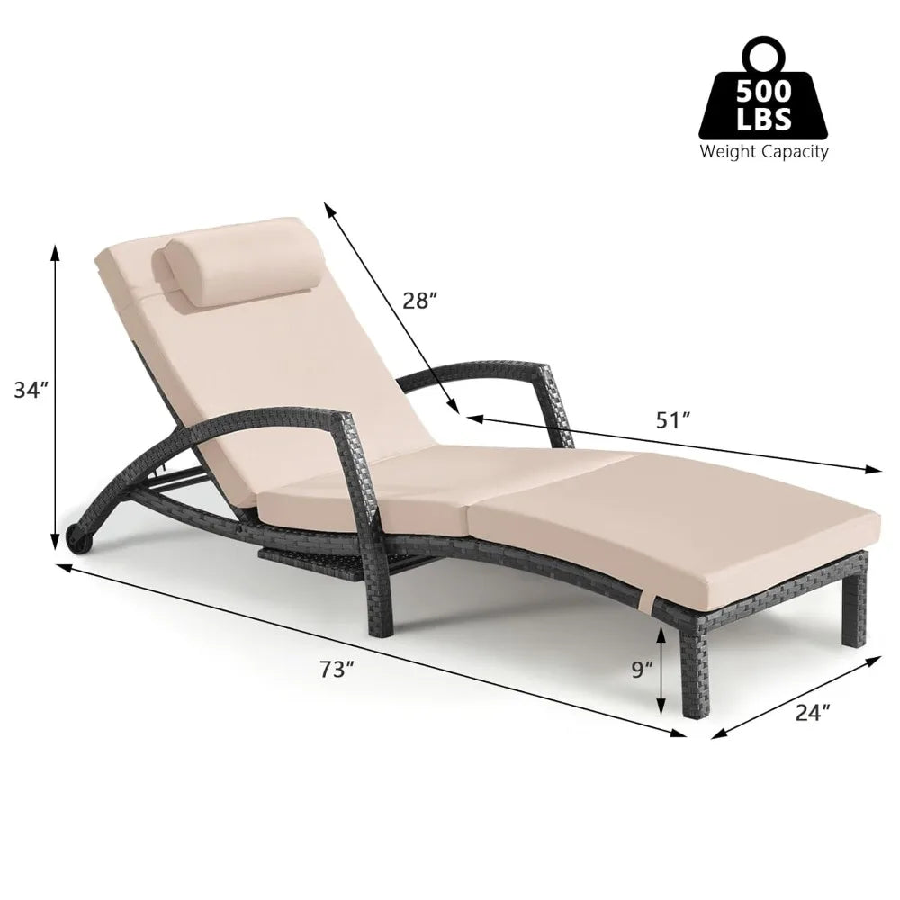 Chaise Lounge Chairs Outdoor Set of 2, Comfy Outside Wicker Patio Pool Lounge Chair w/ 5 Adjustable Back Angle, Cup, Customized