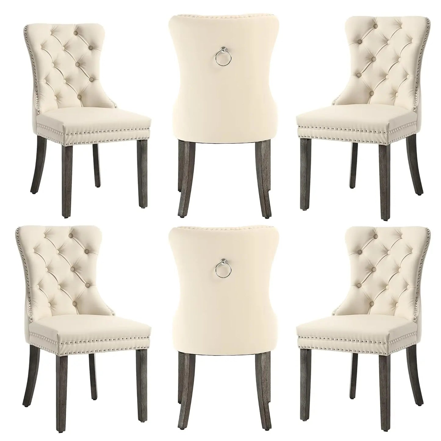 PU Leather Dining Chairs Set of 6 With Solid Wood Legs and Pull Ring