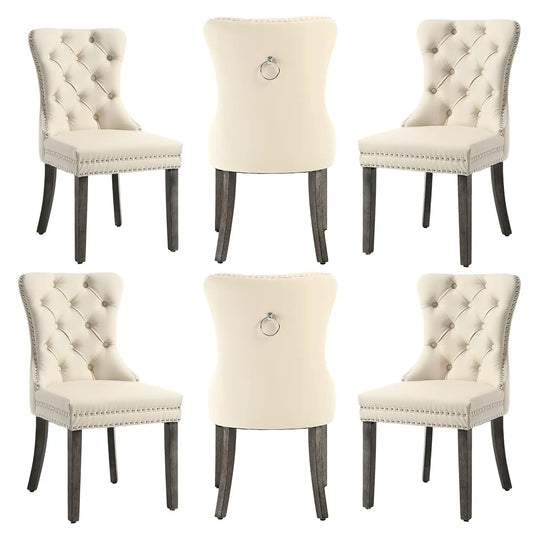 PU Leather Dining Chairs Set of 6 With Solid Wood Legs and Pull Ring