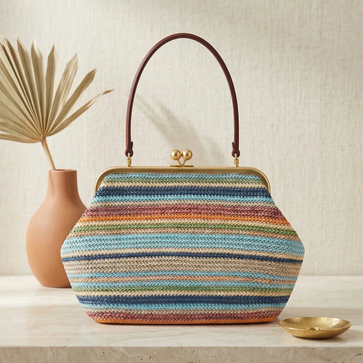 Women Straw Clutch Purses Stylish Woven Bag Versatile Striped Buckle Bag for Summer Vacation Travel