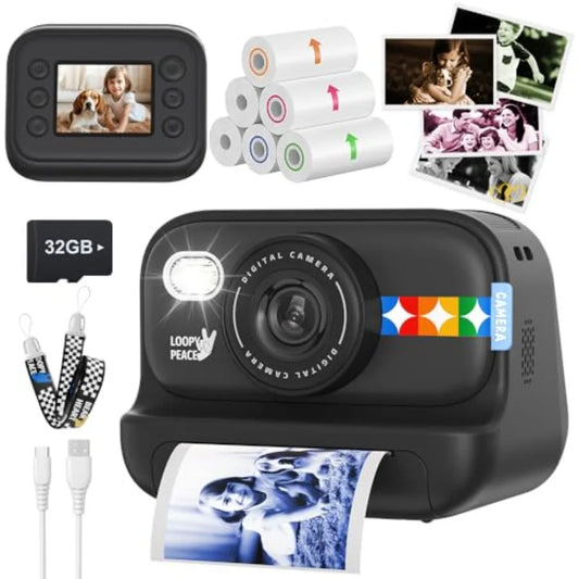 Color Instant Print Camera Camera with 5 Color Photo Paper 48MP and 1080P Video 21 Fun Frames 32G Card Christmas/Birthday Gifts