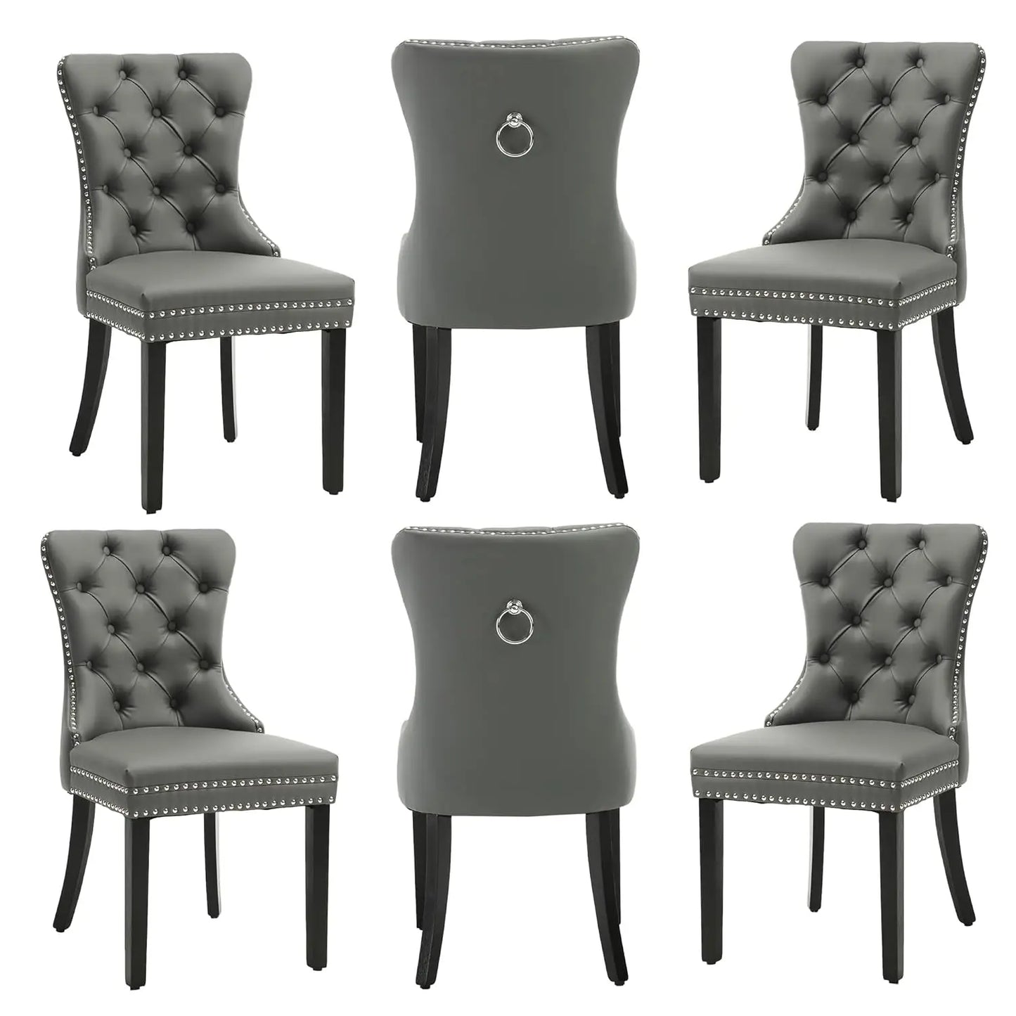 PU Leather Dining Chairs Set of 6 With Solid Wood Legs and Pull Ring