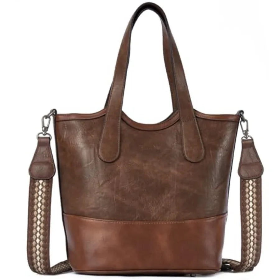 Tote Bag for Women, StrawandVegan Leather Bucket Bags Crossbody Top Handle Purses And Handbags For Work Travel Beach