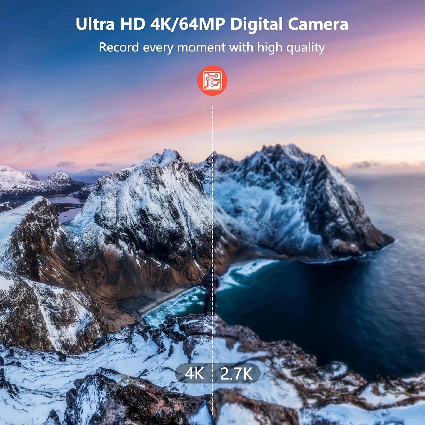 4K Digital Camera for Photography,4k Camera with Ring Light，180° Flip Screen Camera for Vlogging with Beauty Mode,Point and Shoot Digital Cameras for Beginner with SD Card，christmas gift
