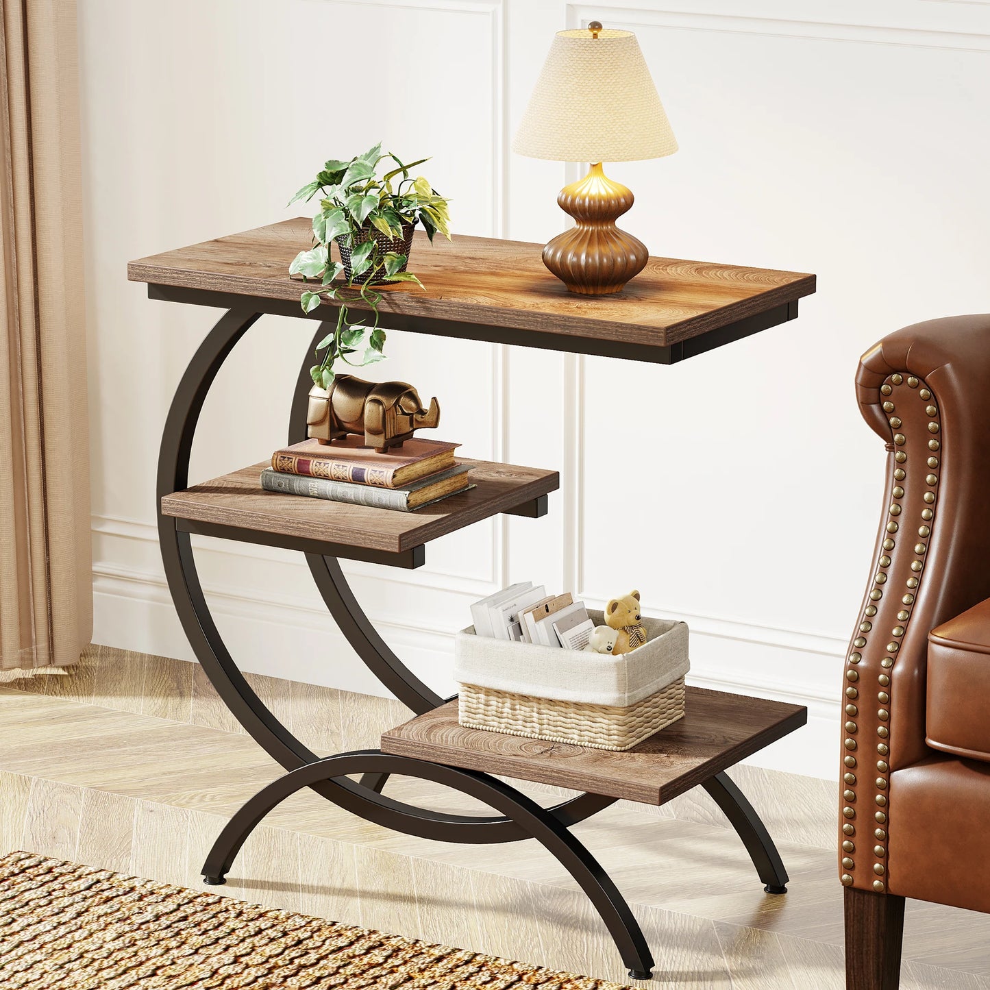 Tribesigns C Shaped End Table Industrial 3 Tier Console