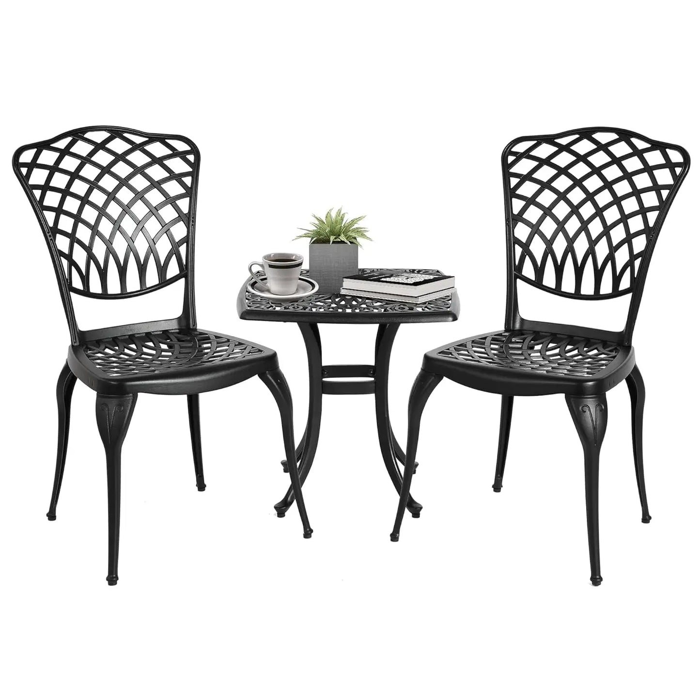 3pc Cast Aluminum Bistro Set, Rose Pattern Outdoor Garden Balcony, Rust & All-Weather Resistant, White, Customized