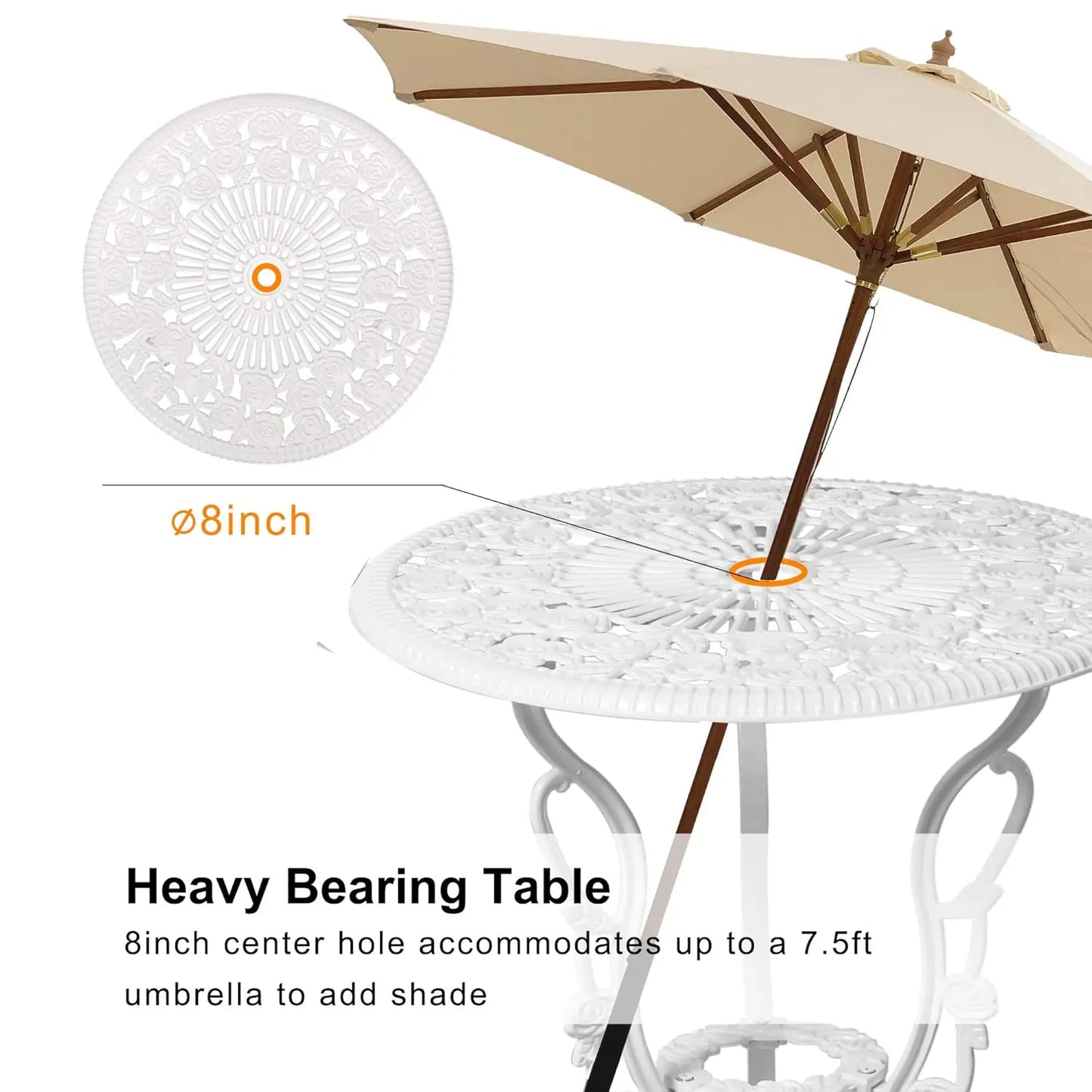 3pc Cast Aluminum Bistro Set, Rose Pattern Outdoor Garden Balcony, Rust & All-Weather Resistant, White, Customized